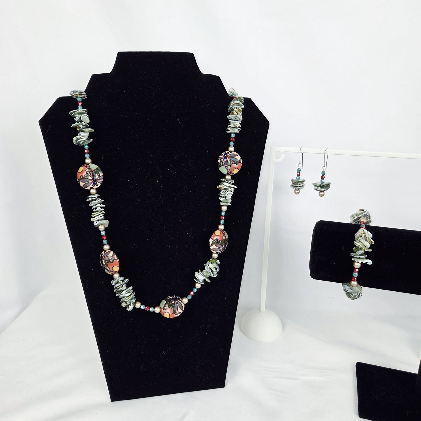 Necklace Bracelet Earrings Set Multi-Color Natural Shell Pearl Glass Beads Dragonfly Beads 26"