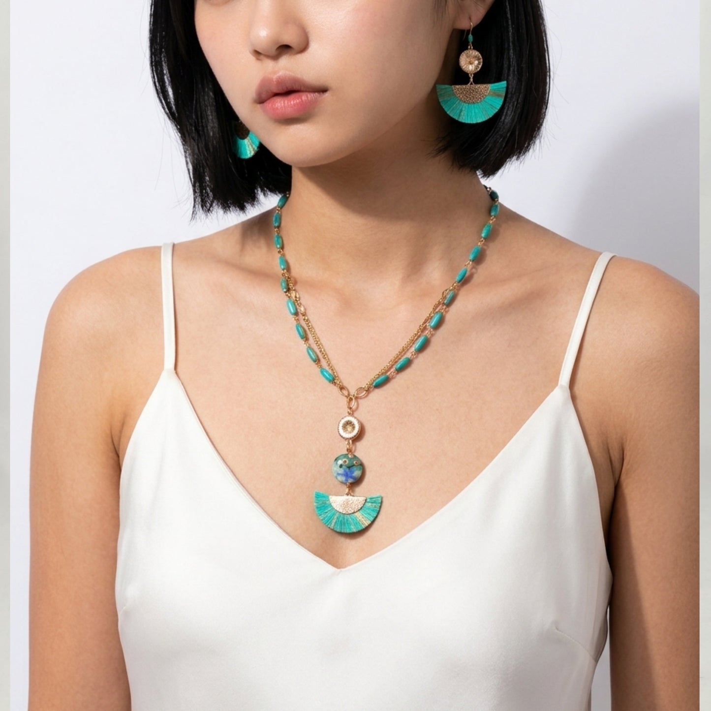 Necklace Earrings Set Turquois Fan Pendant and Earrings Gold Chain