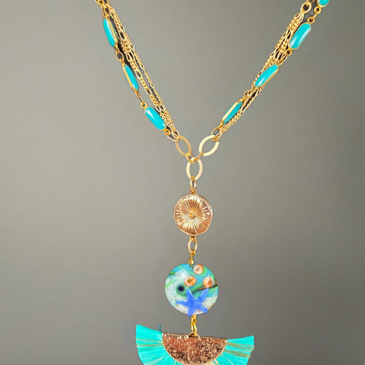 Necklace Earrings Set Turquois Fan Pendant and Earrings Gold Chain