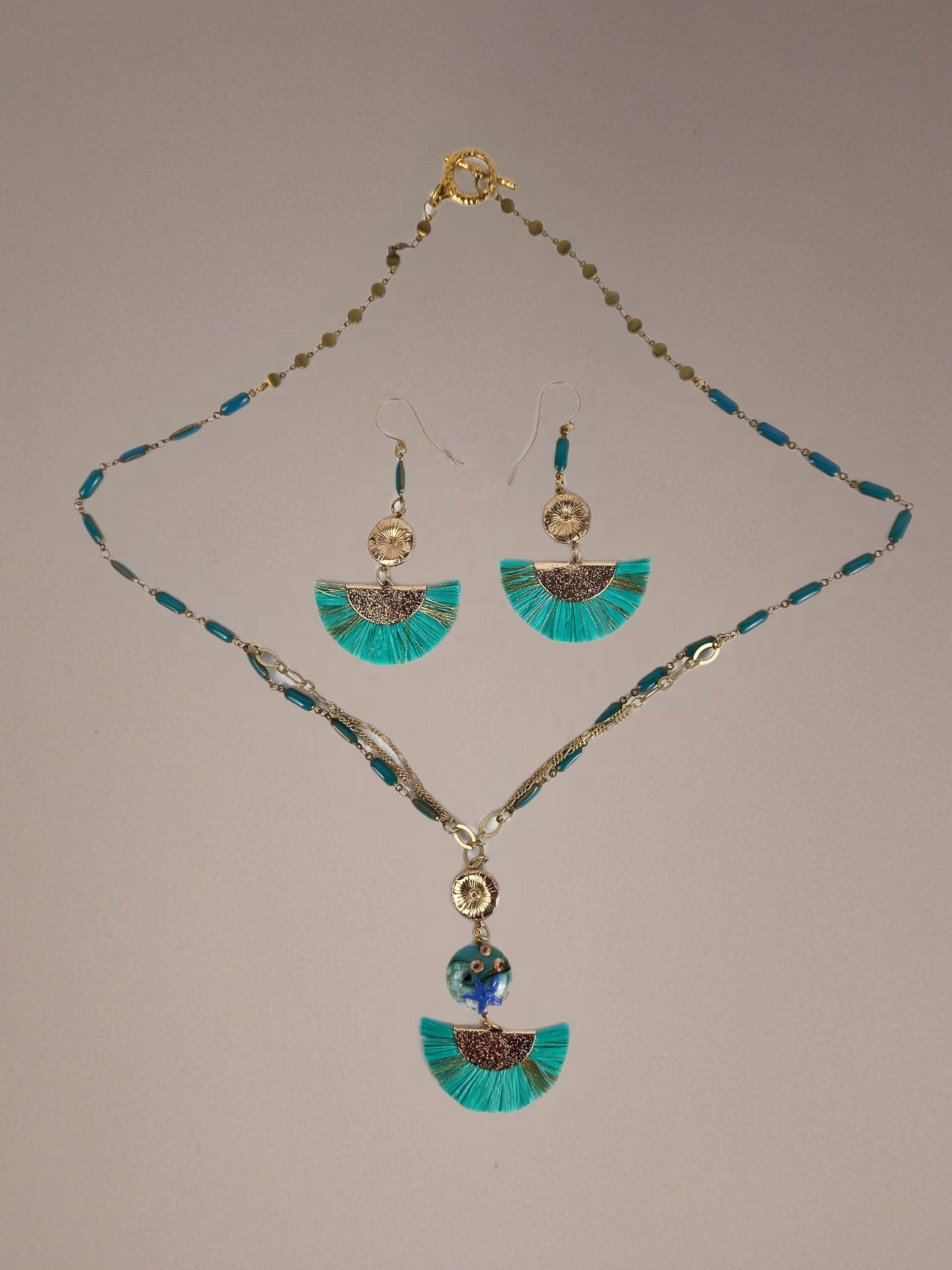 Necklace Earrings Set Turquois Fan Pendant and Earrings Gold Chain