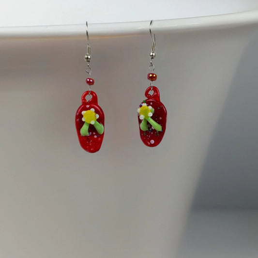 Red Yellow Fused Glass Flip Flop with Red Bead Earrings