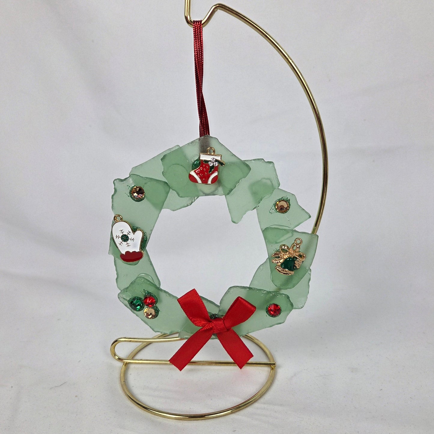 Green Sea Glass Christmas Wreath with Charms and Red Bow 4" Stand Included 8.5"