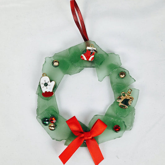Green Sea Glass Christmas Wreath with Charms and Red Bow 4" Stand Included 8.5"