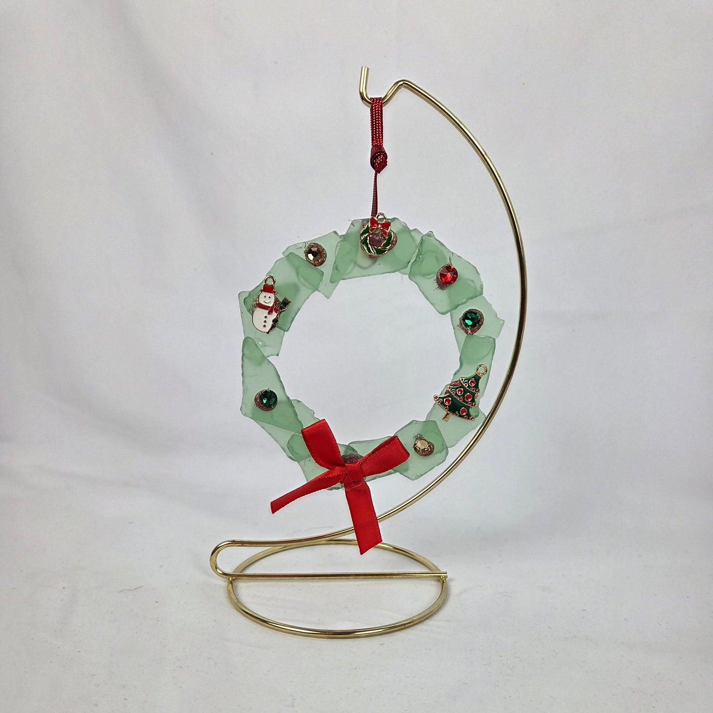 Green Sea Glass Christmas Wreath with Charms and Red Bow 4" Stand Included 8.5"
