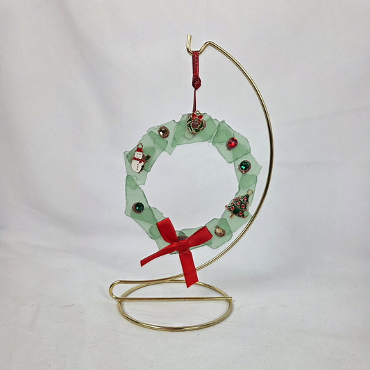 Green Sea Glass Christmas Wreath with Charms and Red Bow 4" Stand Included 8.5"