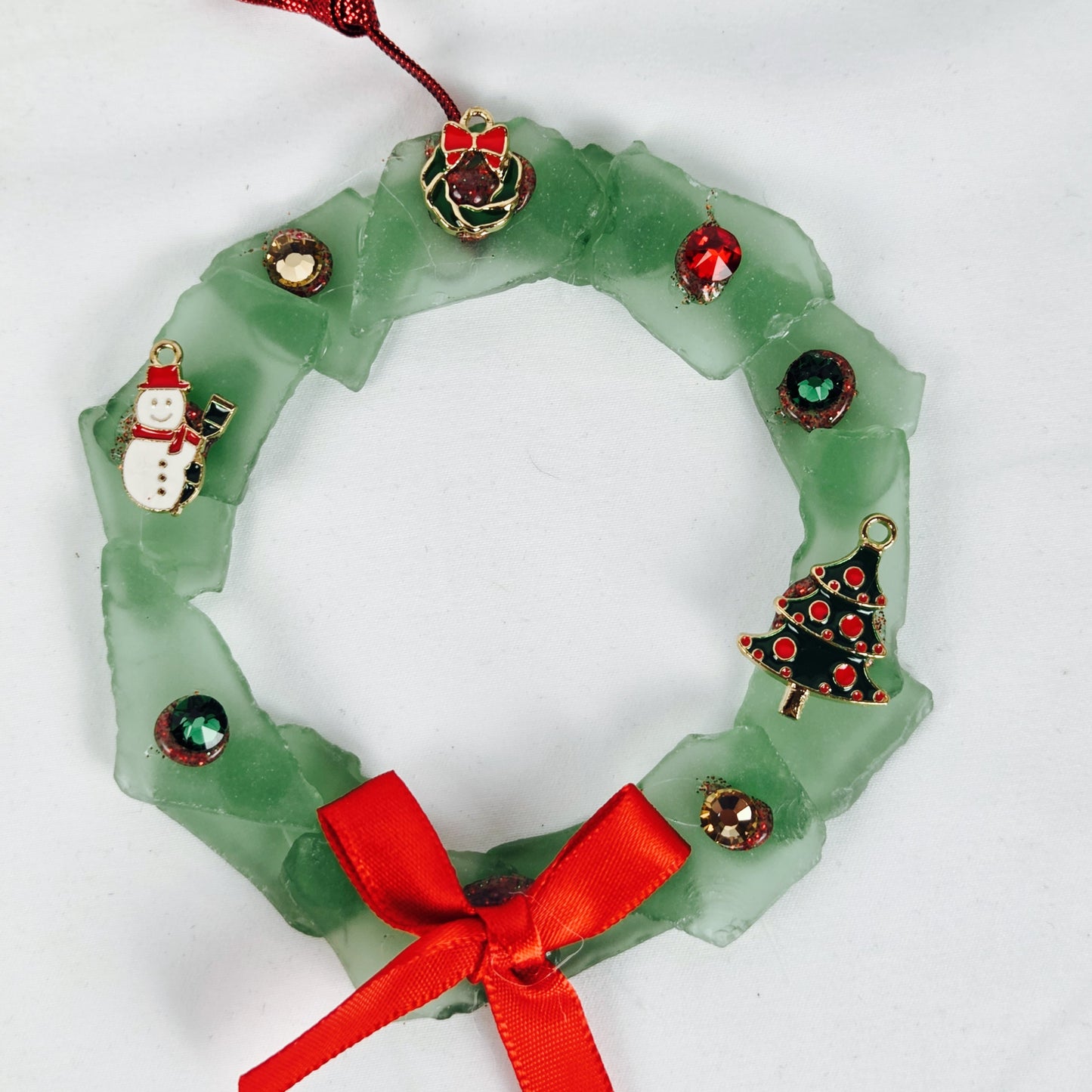 Green Sea Glass Christmas Wreath with Charms and Red Bow 4" Stand Included 8.5"