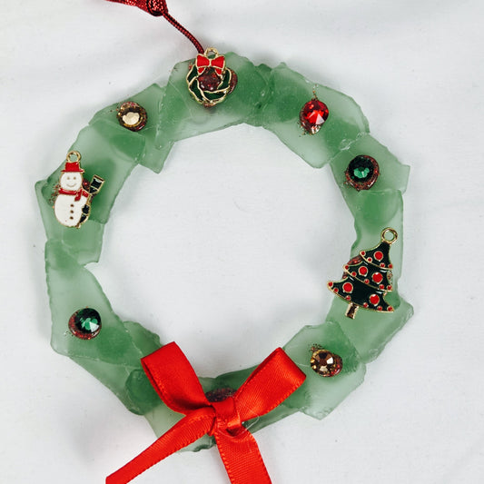 Green Sea Glass Christmas Wreath with Charms and Red Bow 4" Stand Included 8.5"