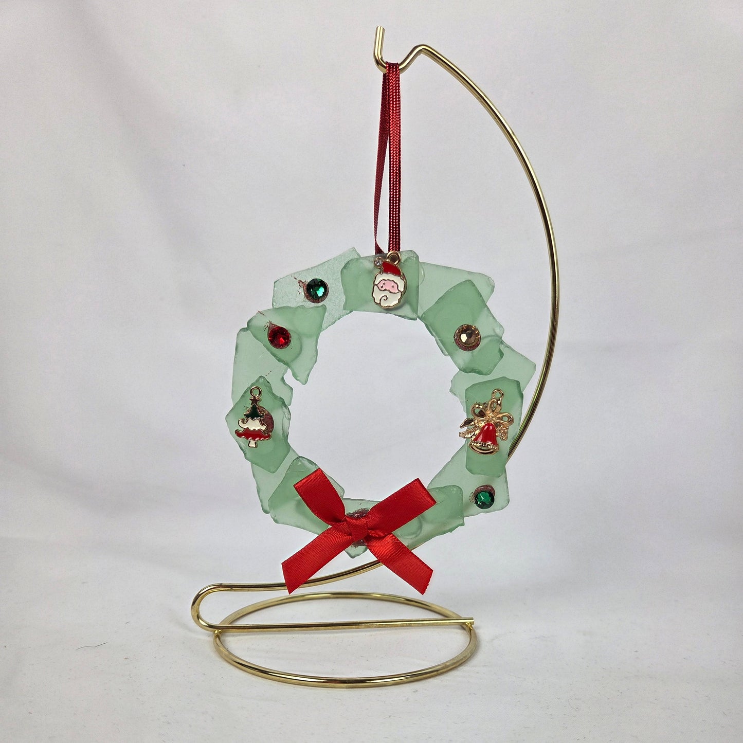 Green Sea Glass Christmas Wreath with Charms and Red Bow 4" Stand Included 8.5"