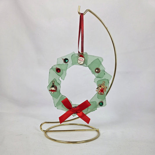 Green Sea Glass Christmas Wreath with Charms and Red Bow 4" Stand Included 8.5"
