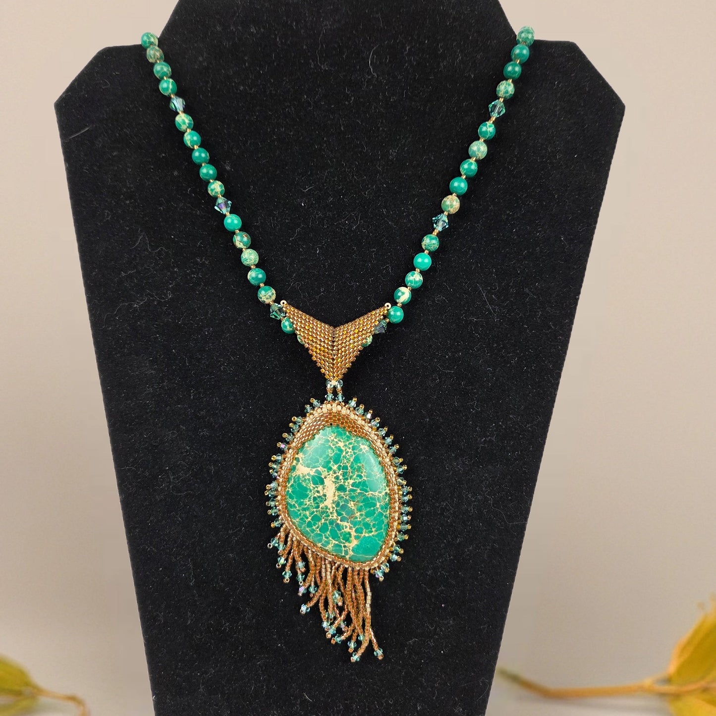 Necklace Green Magnesite and Crystal Gold Beads 2.5" Pendant Lobster Clasp
