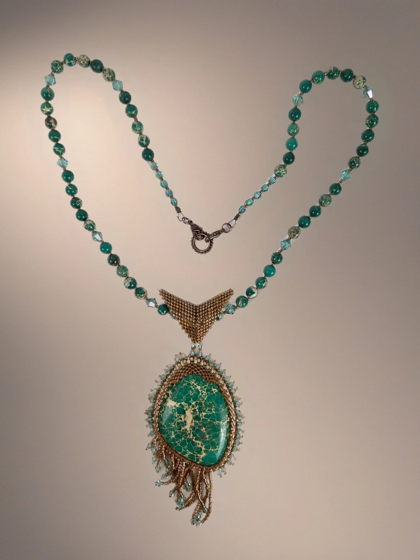Necklace Green Magnesite and Crystal Gold Beads 2.5" Pendant Lobster Clasp