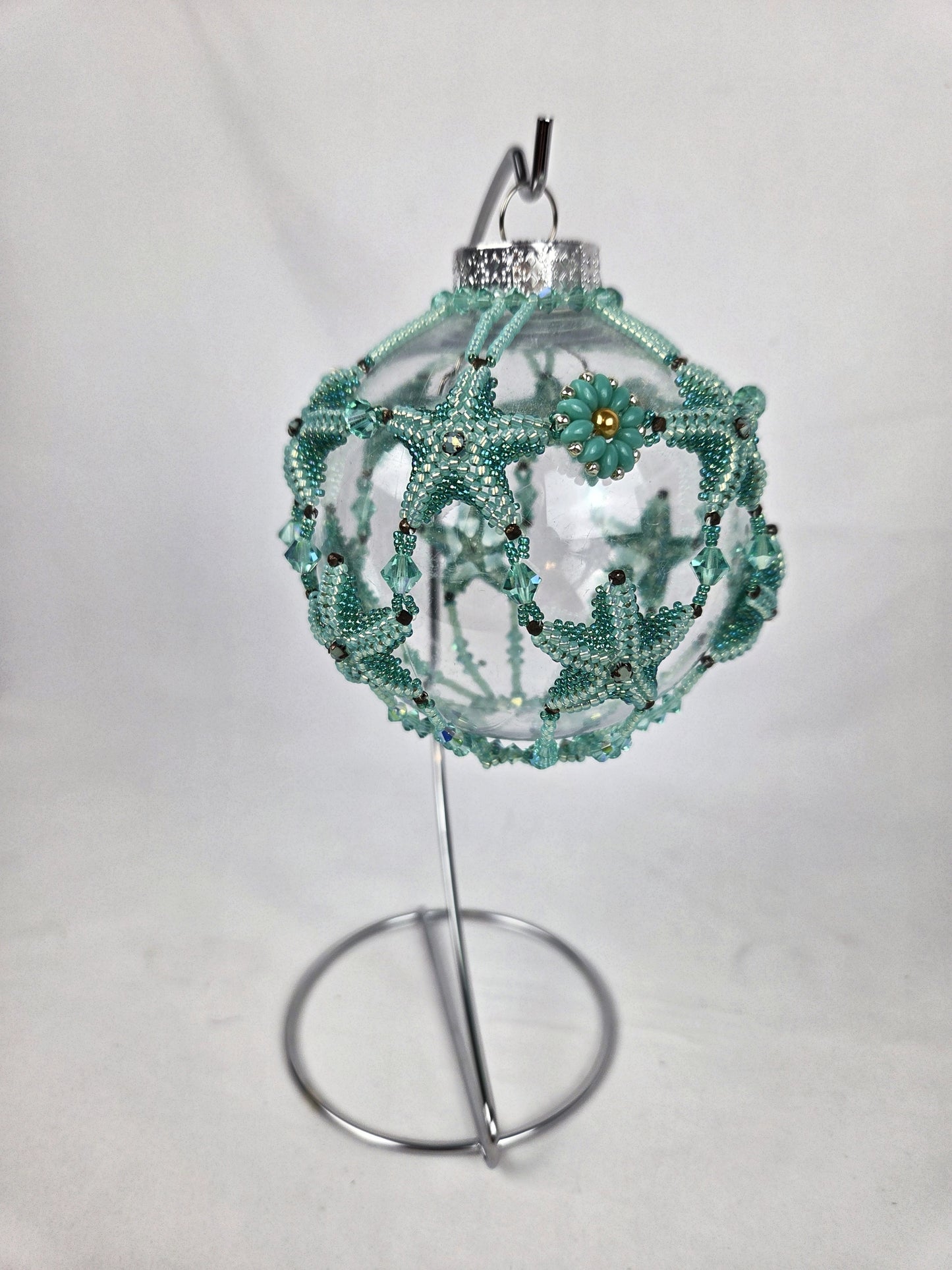 Round Ornament Green Beaded Starfish Green Crystals with Silver Stand