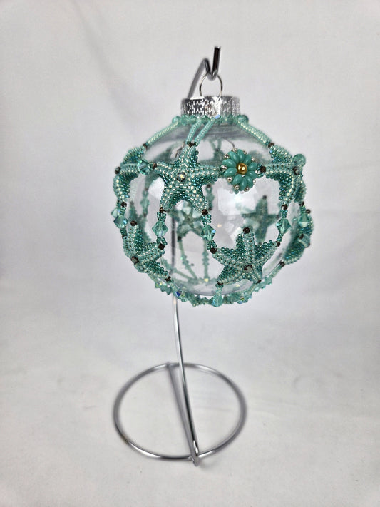 Round Ornament Green Beaded Starfish Green Crystals with Silver Stand