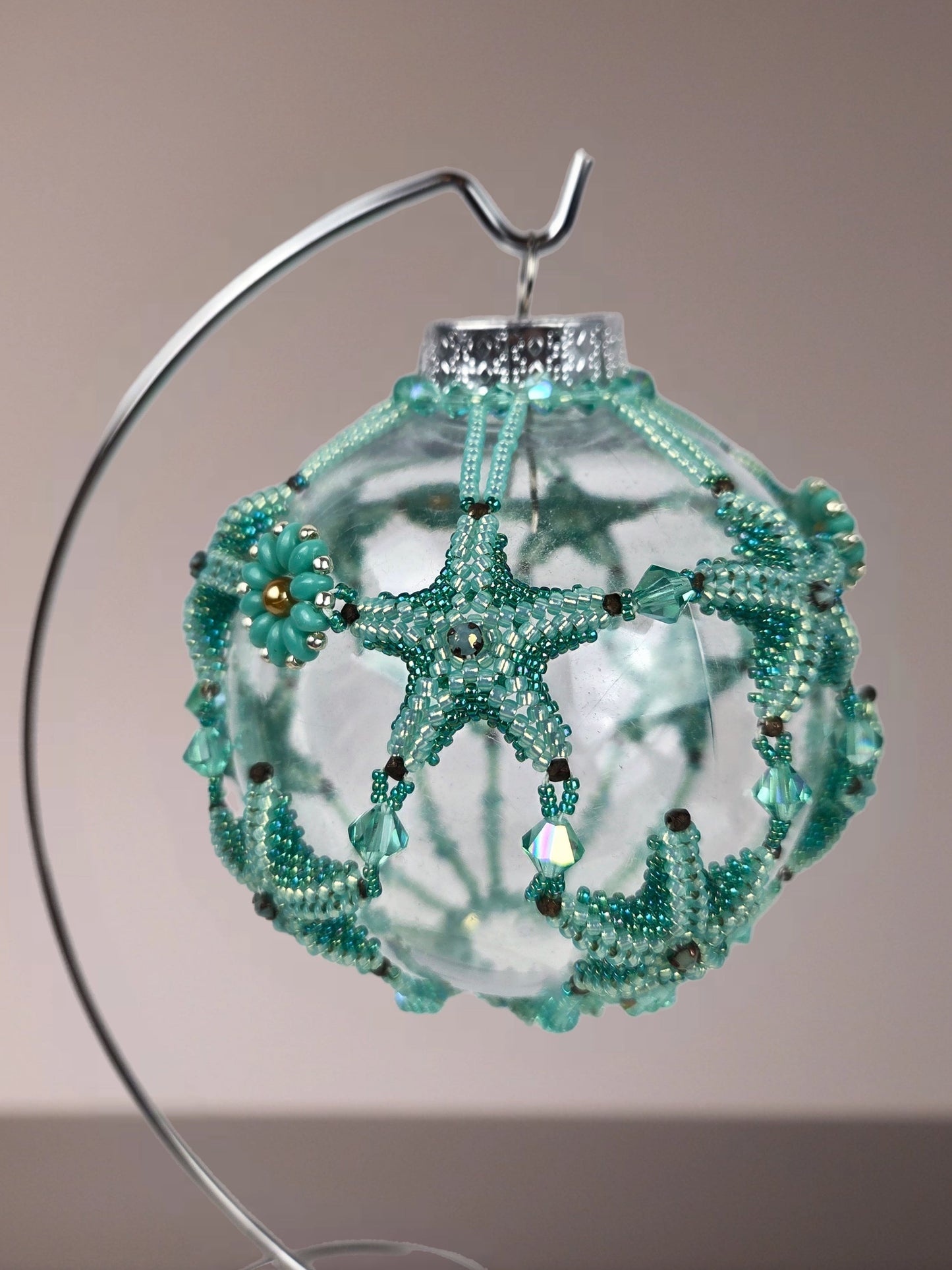 Round Ornament Green Beaded Starfish Green Crystals with Silver Stand