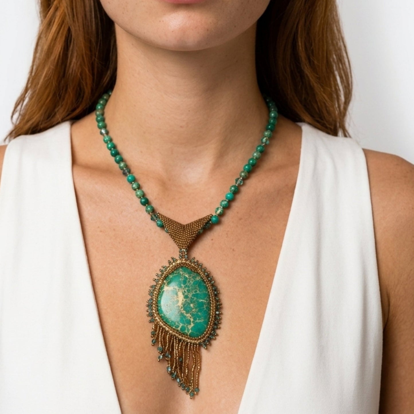 Necklace Green Magnesite and Crystal Gold Beads 2.5" Pendant Lobster Clasp