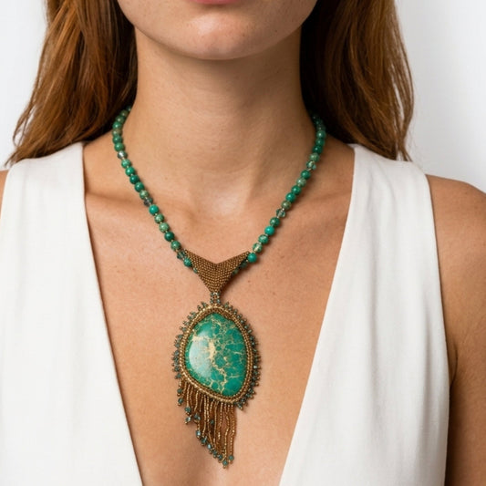 Necklace Green Magnesite and Crystal Gold Beads 2.5" Pendant Lobster Clasp