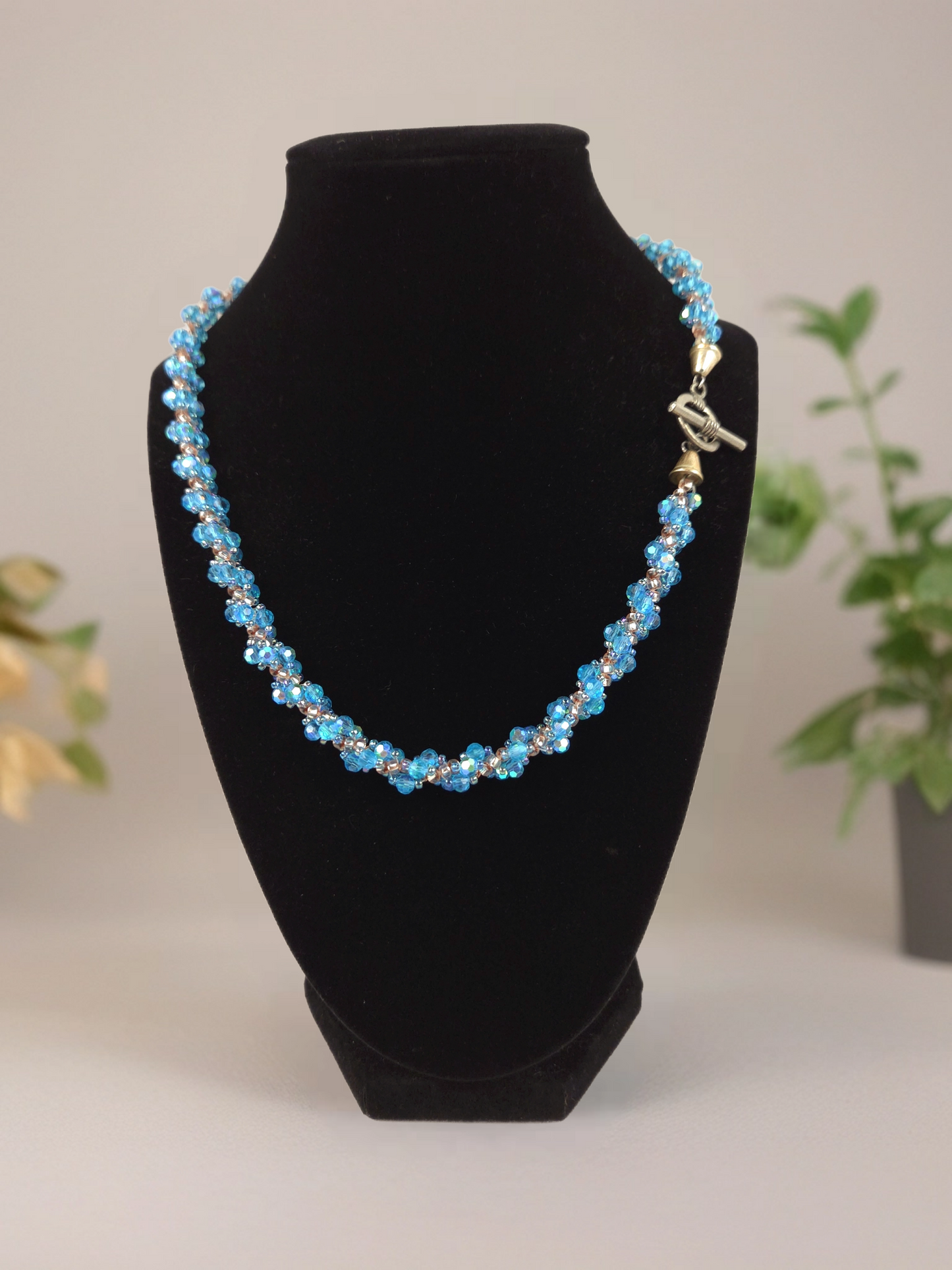 Blue Crystal with Clear Glass Beads Twist Necklace 20"