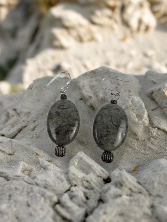 Grey Oval Stone with Silver Hook and Round Silver Bead Earrings