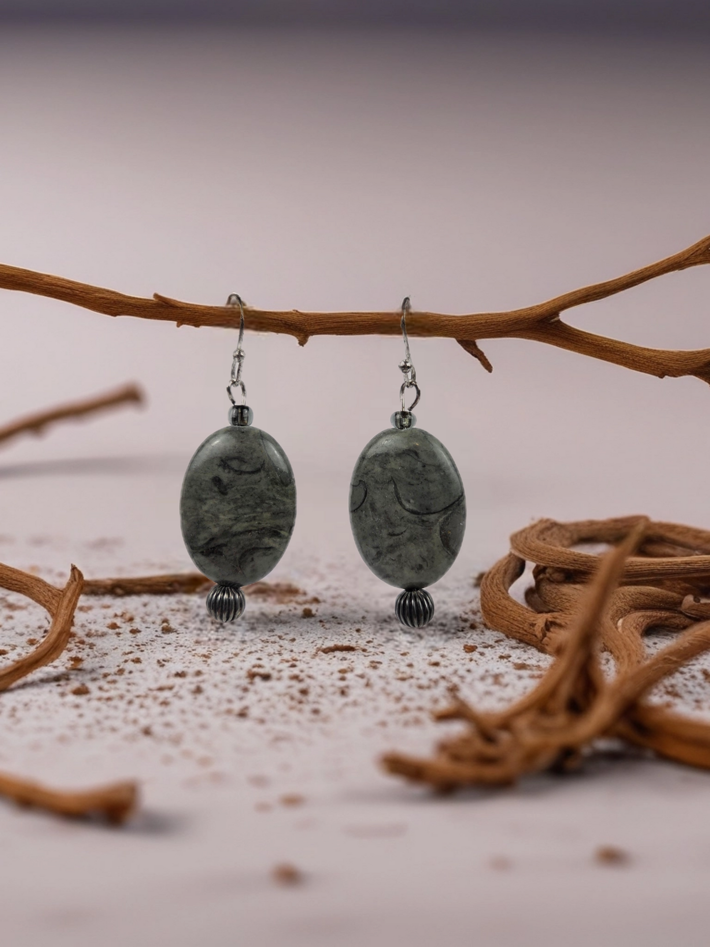 Grey Oval Stone with Silver Hook and Round Silver Bead Earrings