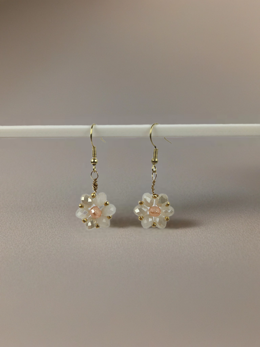 Beaded Flower Earrings White and Peach