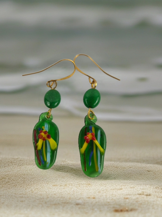 Green Red Yellow Fused Glass Flip Flop with Green Bead Earrings