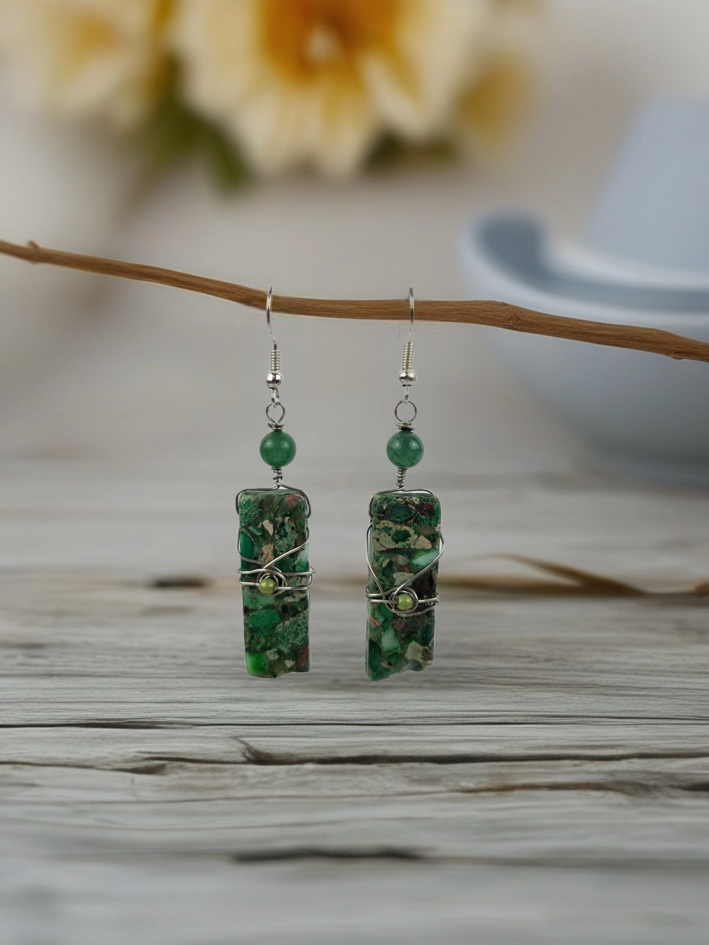 Green and Tan rectangular Stone Silver Hook With Silver Wire Wrap and Green Bead