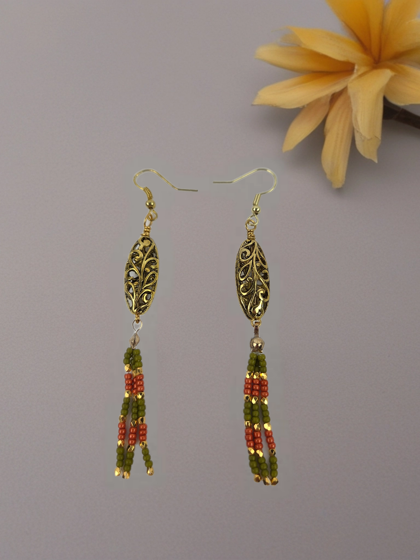 Gold Filigree Bead with Green Red and Gold Beads