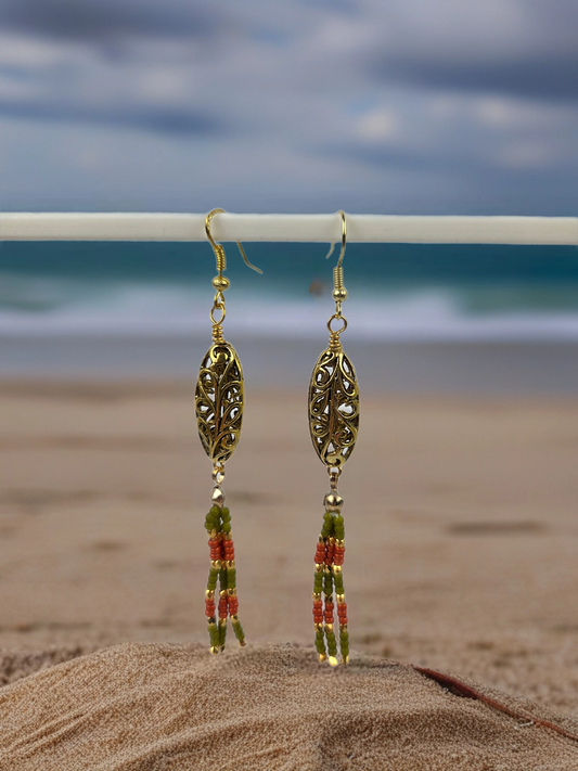 Gold Filigree Bead with Green Red and Gold Beads