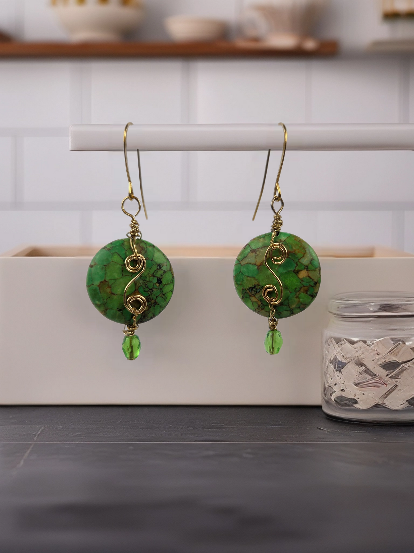 Green Round Stone with Green Crystal Gold Hook and Gold Wire S Wrap Earrings