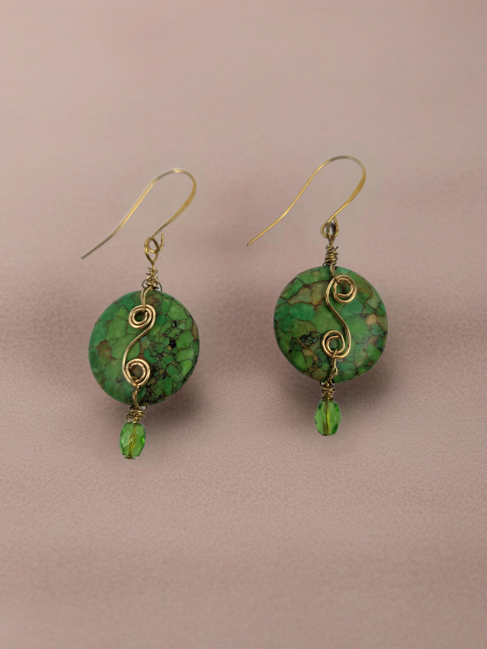 Green Round Stone with Green Crystal Gold Hook and Gold Wire S Wrap Earrings