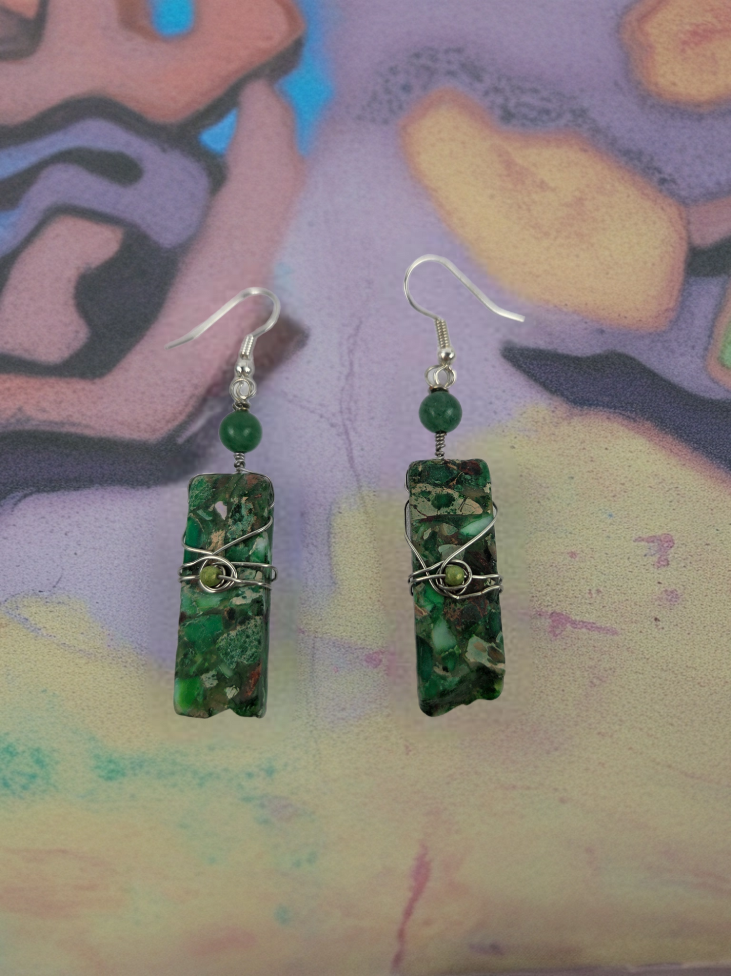Green and Tan rectangular Stone Silver Hook With Silver Wire Wrap and Green Bead