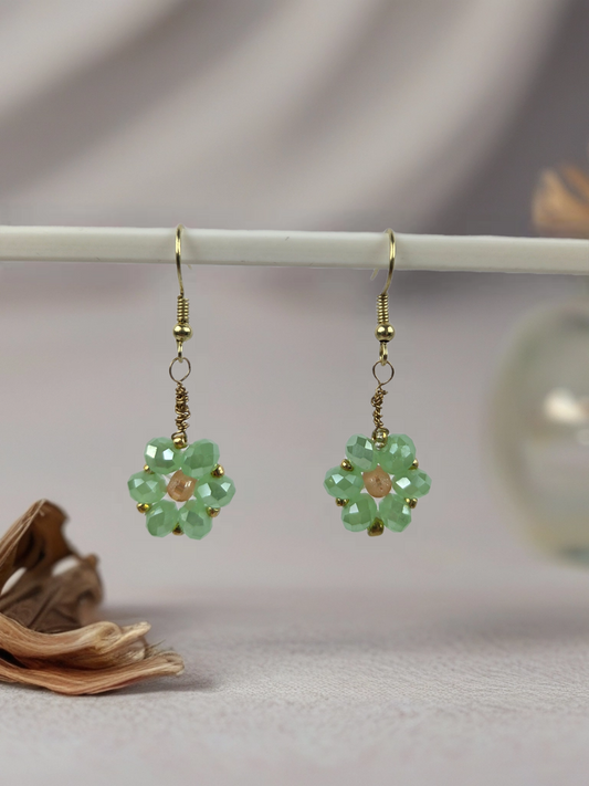Beaded Flower Earrings Green and Peach