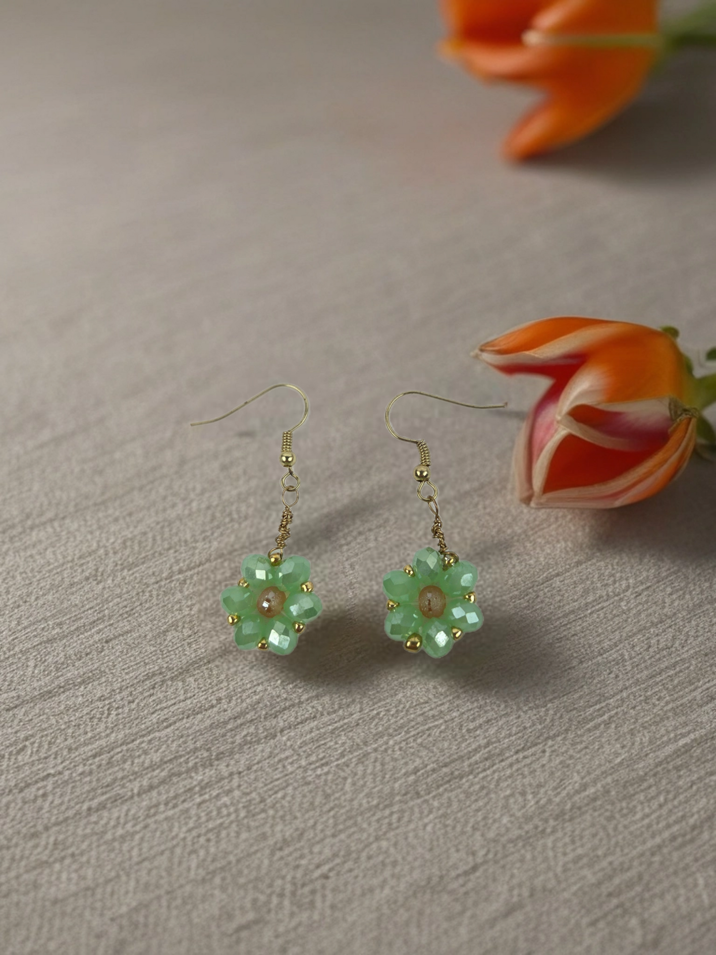 Beaded Flower Earrings Green and Peach