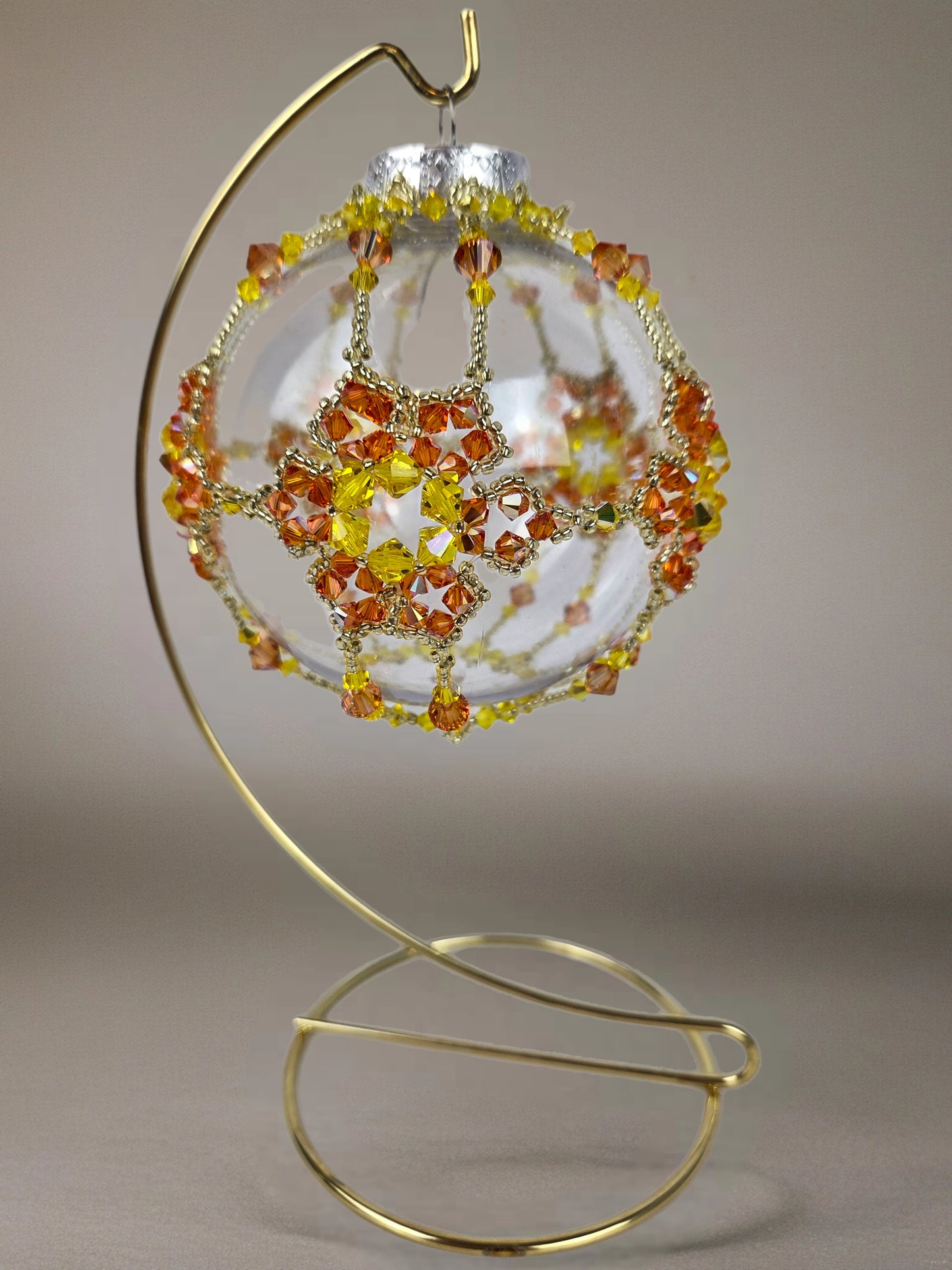 Round Ornament Yellow and Orange Beaded Crystals with Gold Stand