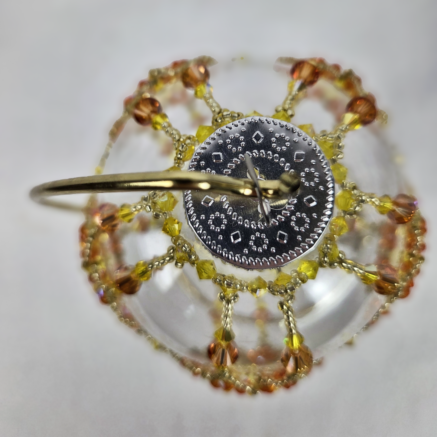 Round Ornament Yellow and Orange Beaded Crystals with Gold Stand