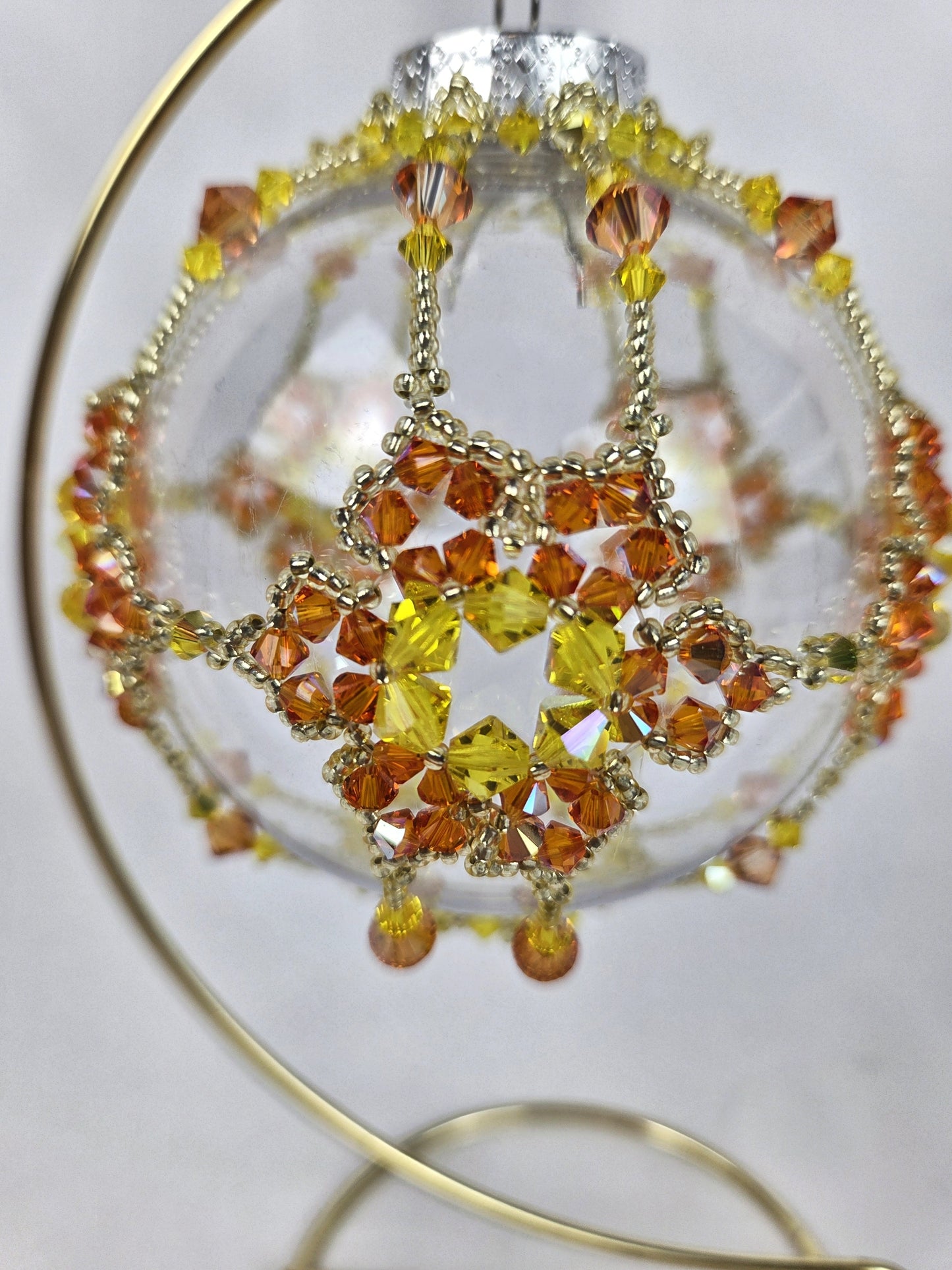 Round Ornament Yellow and Orange Beaded Crystals with Gold Stand
