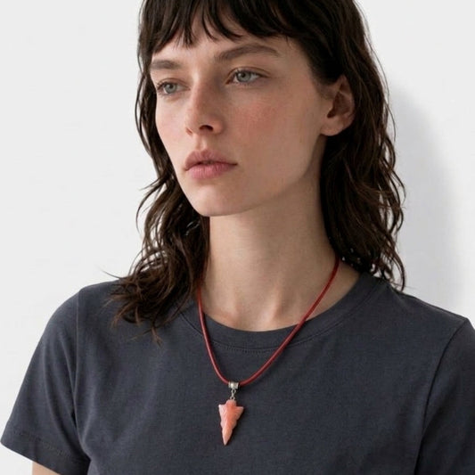 Necklace With Peach Stone Arrowhead Shape Pendant on Pink Leather 18" 2" Extender Horse Clasp