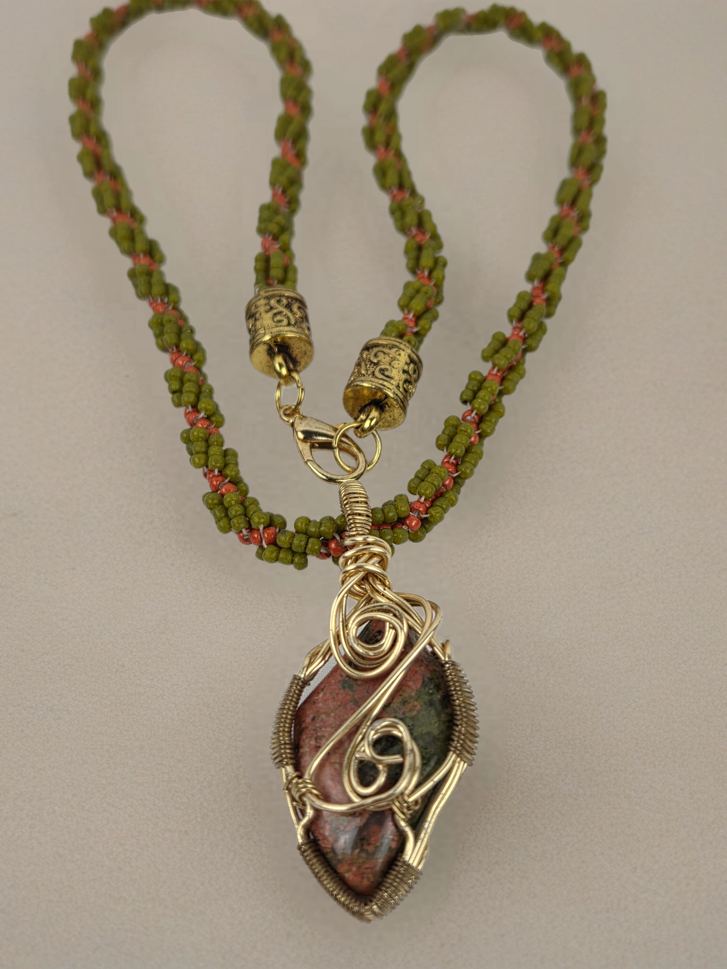 Green and Coral Stone Gold Wire Wrap With Beaded Chain Necklace