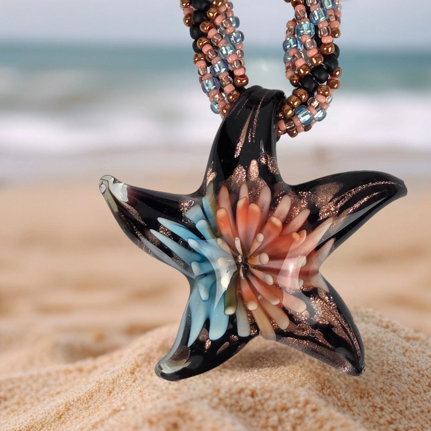 Necklace Earrings Set Copper Lobster Clasp Glass Starfish Beaded 18"
