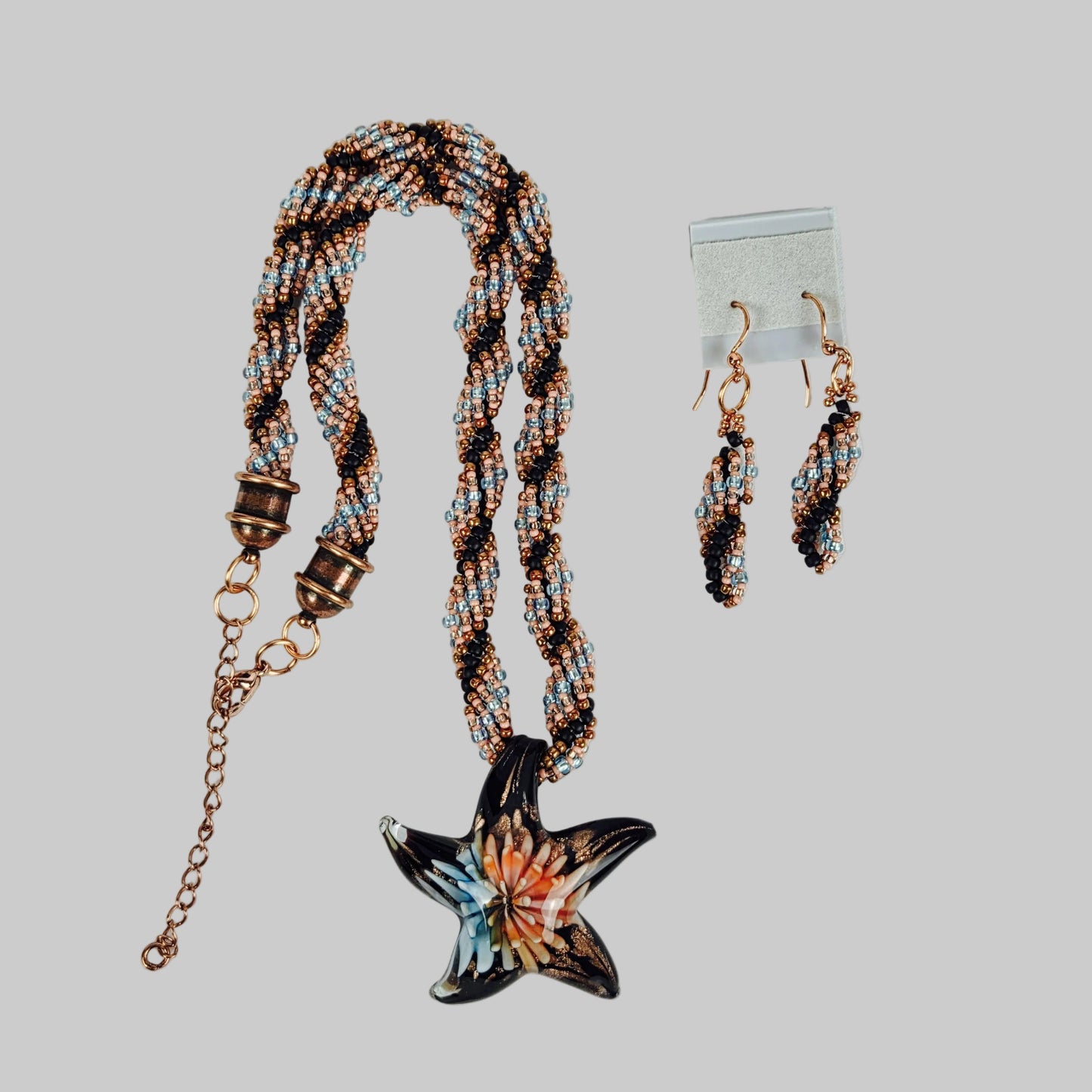 Necklace Earrings Set Copper Lobster Clasp Glass Starfish Beaded 18"