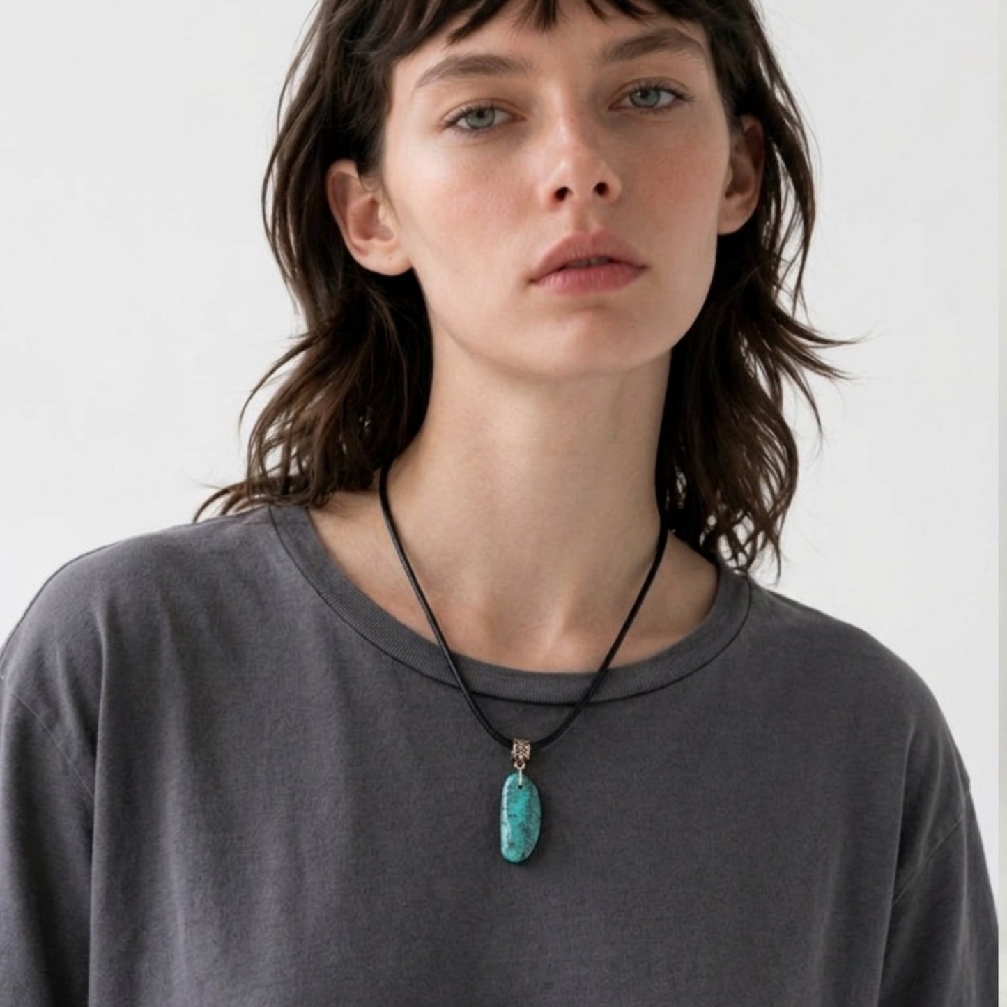 Necklace With Turquoise Stone Pendant on Black Leather 18" 2" Extender