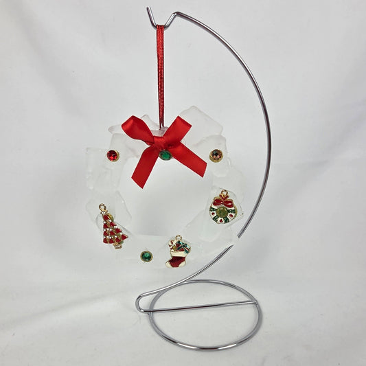 White Sea Glass Christmas Wreath with Charms and Red Bow 4" Stand Included