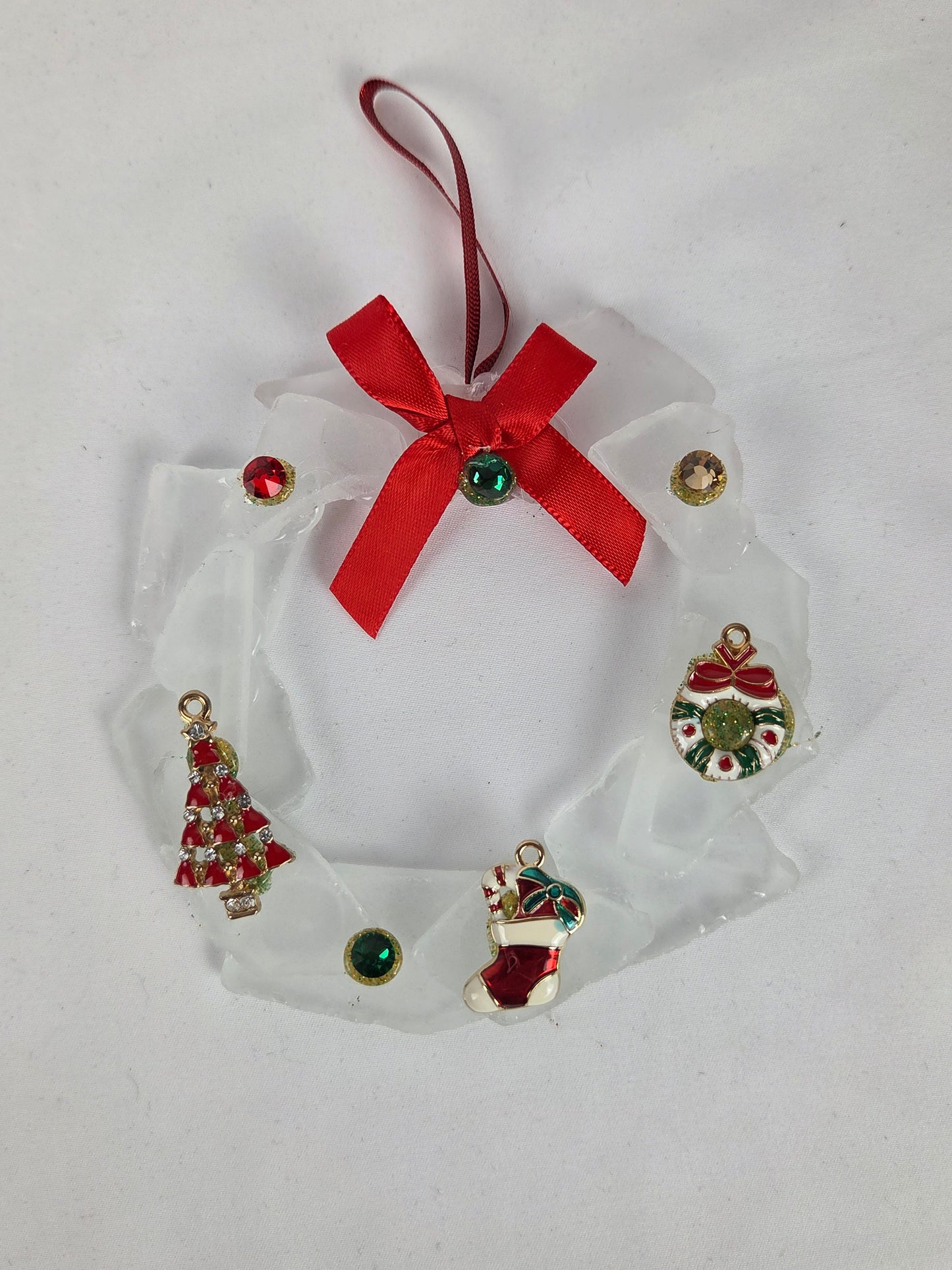 White Sea Glass Christmas Wreath with Charms and Red Bow 4" Stand Included