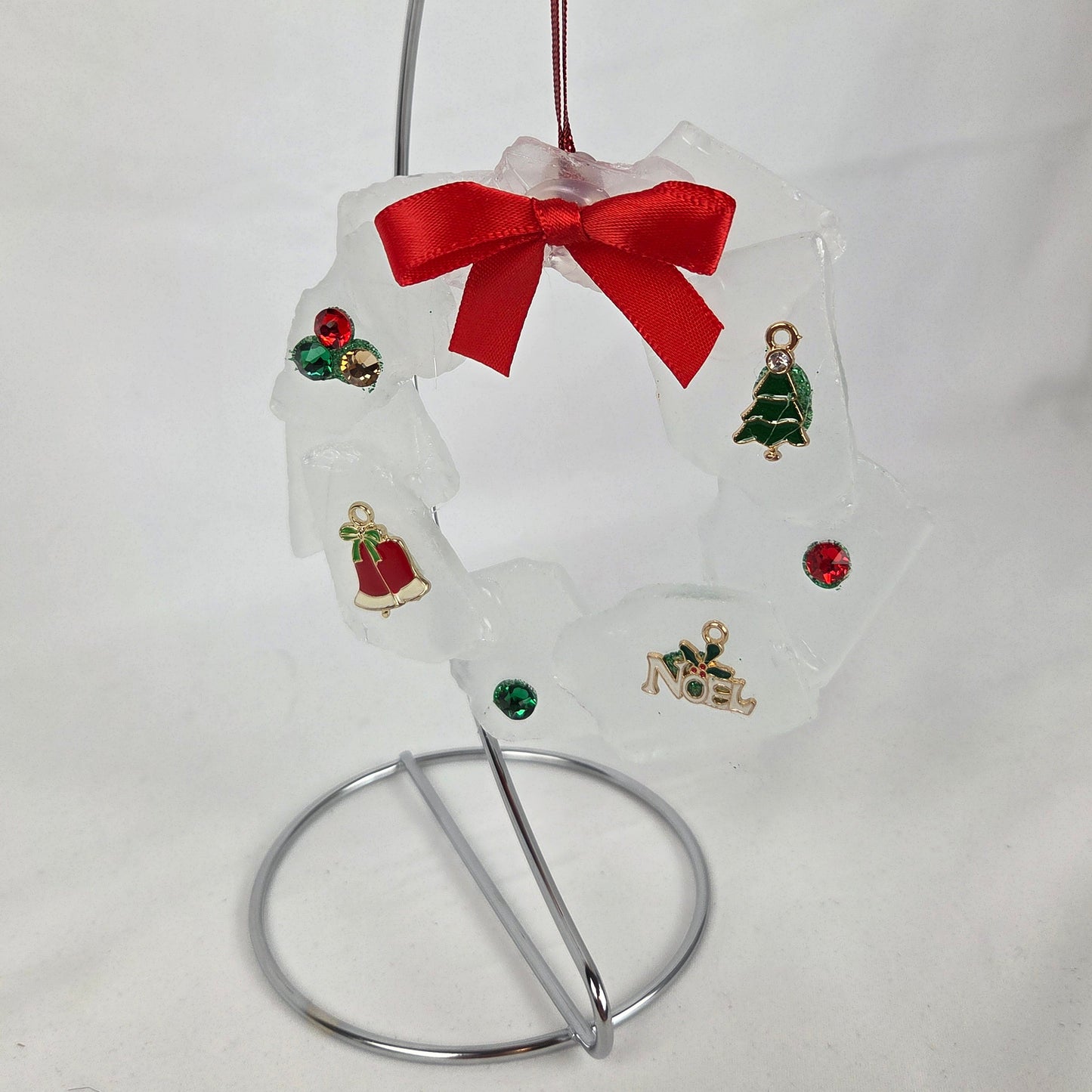 White Sea Glass Christmas Wreath with Charms and Red Bow 4" Stand Included 8.5"