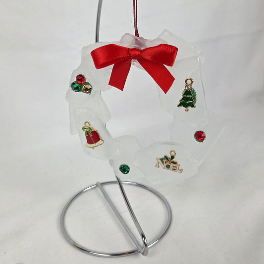 White Sea Glass Christmas Wreath with Charms and Red Bow 4" Stand Included 8.5"