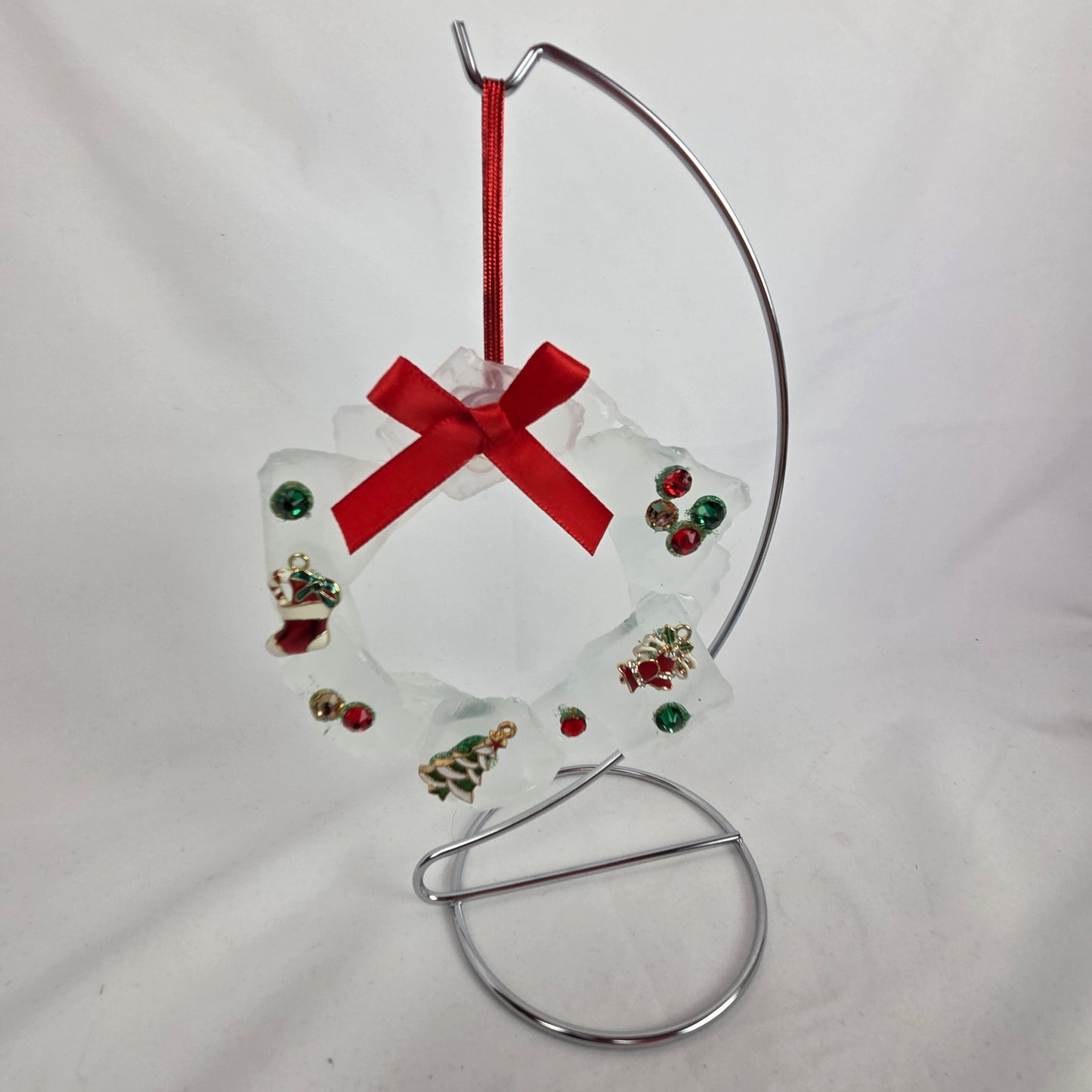 White Sea Glass Christmas Wreath with Charms and Red Bow 4" Stand Included 8.5"