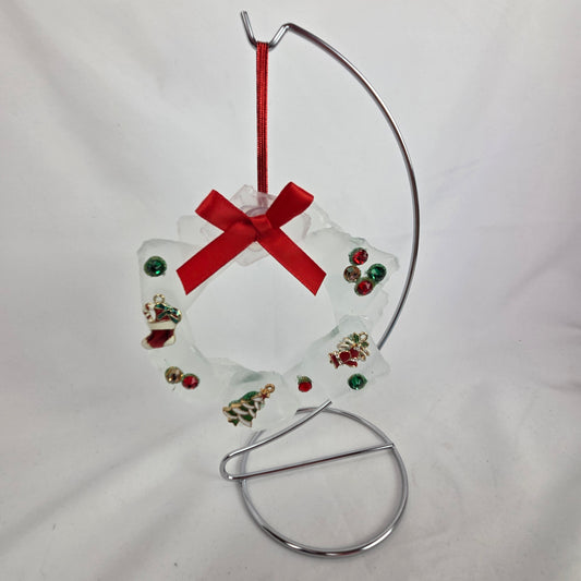 White Sea Glass Christmas Wreath with Charms and Red Bow 4" Stand Included 8.5"
