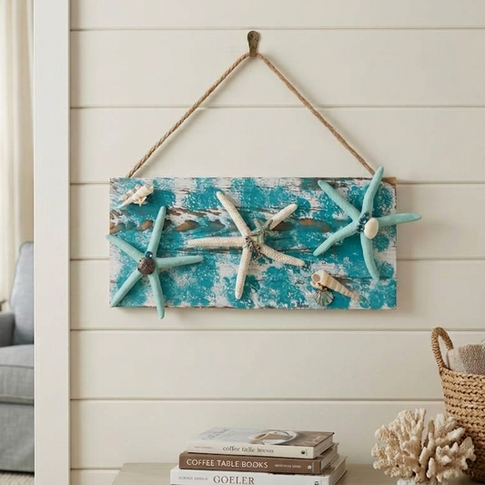 Nautical Wall Sign Painted Wood with Beaded Elements Charms Starfish 12" x 5.5"