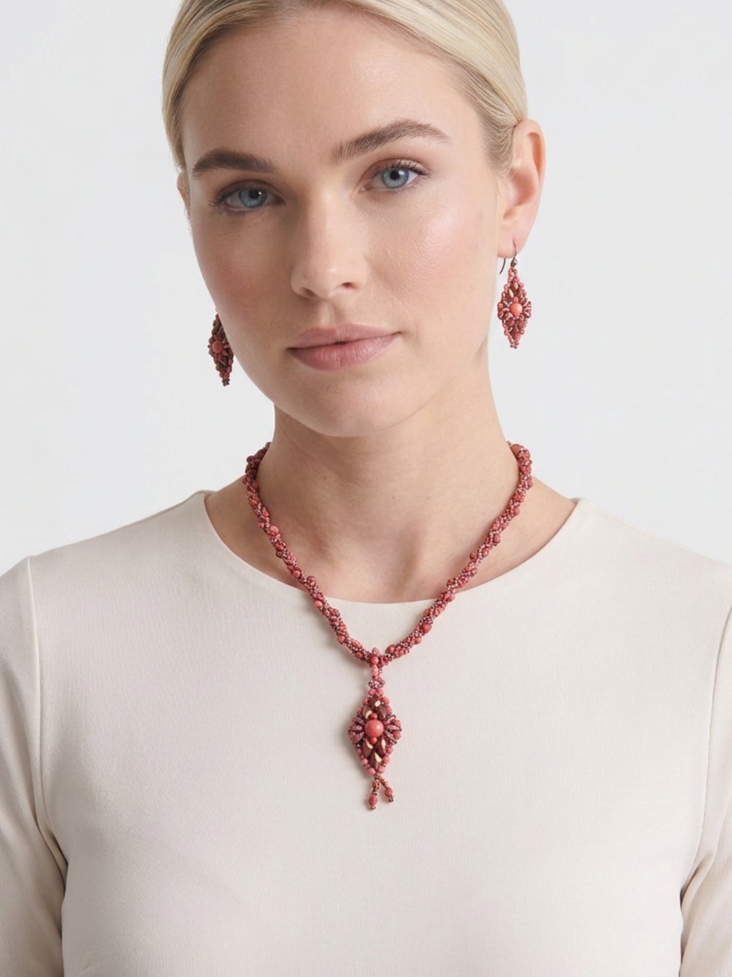 Coral and Copper Necklace and Earrings Set 24" Length Elegant Toggle Clasp