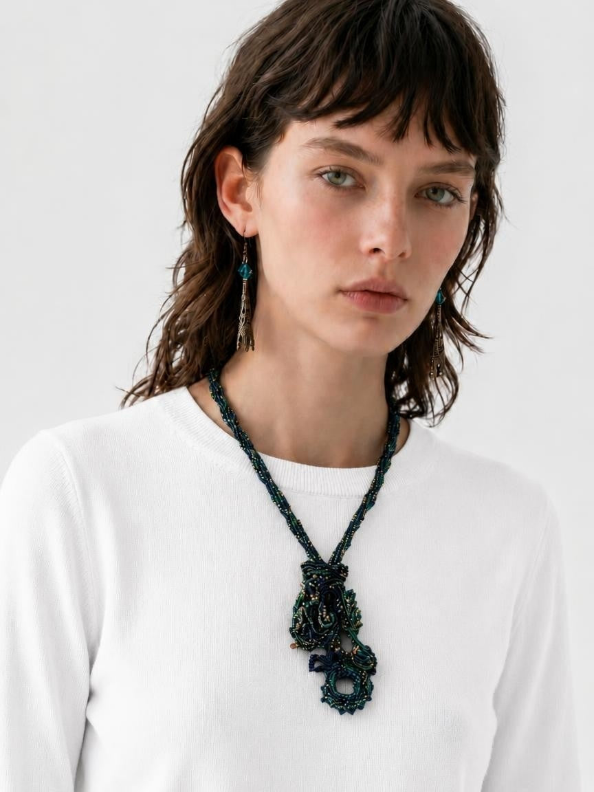 Green Black and Gold Necklace Organic Brutalist Design with Matching Crystal Dangle Earrings